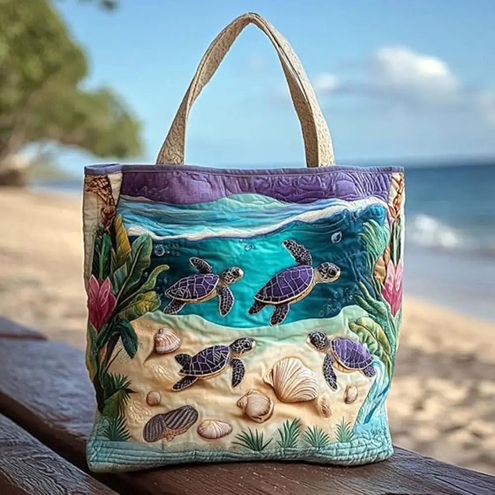 New Turtle Print Turtle Quilted Tote Bag Large Capacity Soft Ocean Turtle Canvas Tote Durable 3D Handbag view 4