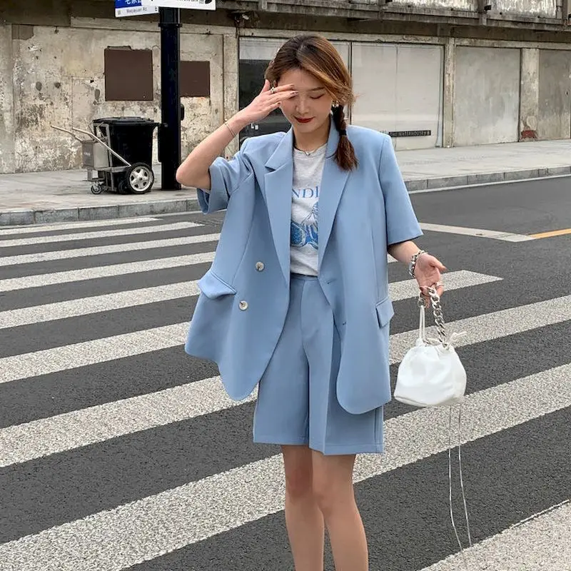 Women Summer Blazer Set Women\'s Suits Thin Casual Loose Short Sleeve Suit Jacket Suits 2 Piece Set Women Suit Blazer And Pants