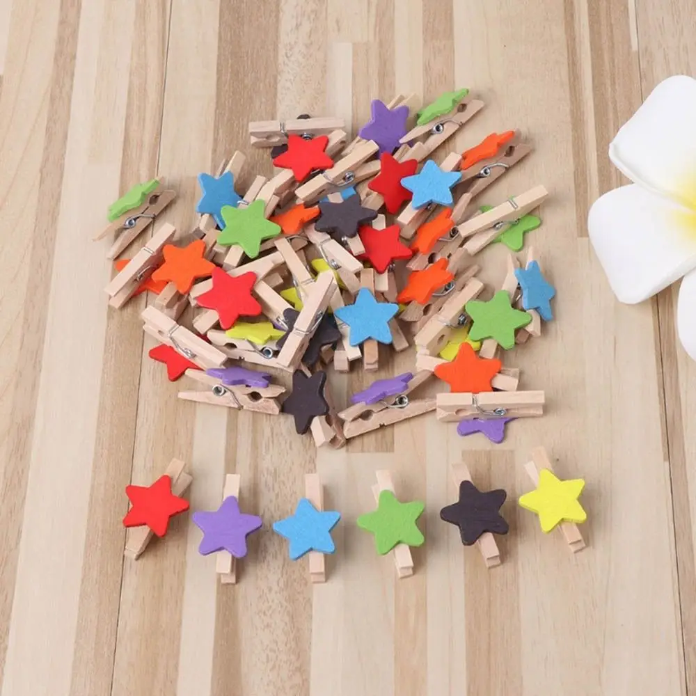 50Pcs Colored Star Mini Wooden Craft Clips Card Photo Paper Peg Pin Clothespin Home Wedding Decoration