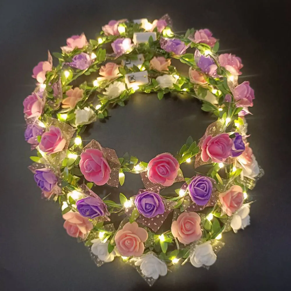 1PC Flower Crown Fairy LED Light Up Hair Wreath Party Floral Headpiece Hair Band Birthday Wedding Luminous Headband