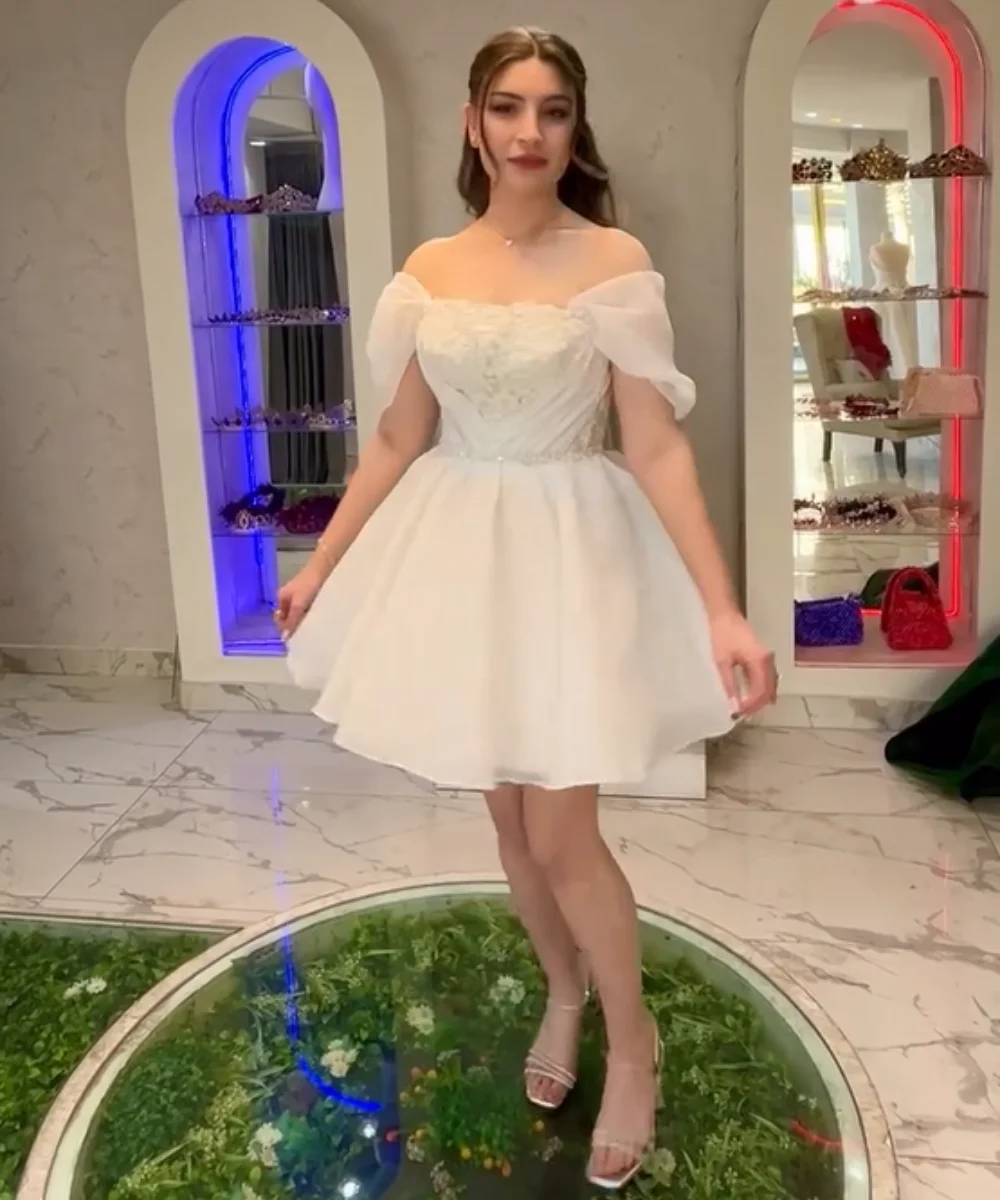 

Customized Sparkle Organza Pleat Sequined Flower A-line Off-the-shoulder Short Bespoke Occasion Luxury Party Dresses