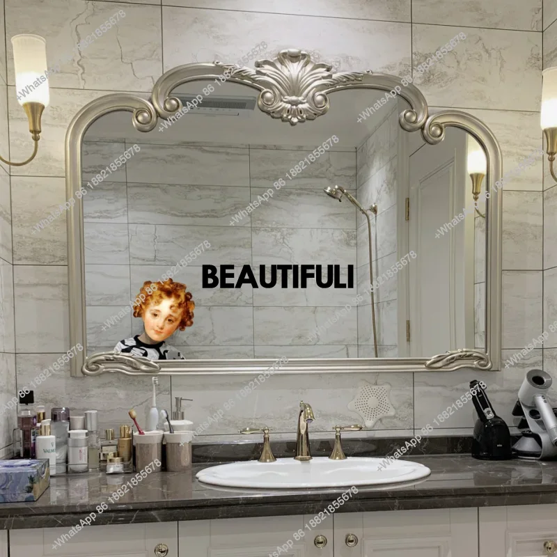 

Retro dresser makeup European wall-mounted decorative mirror toilet engraved bathroom hanging mirror