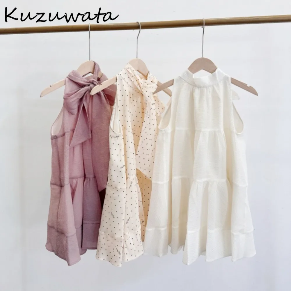 

Kuzuwata Soft Ruched Casual O Neck Shirt Pullover All-match Chiffon Bow Sweet Blouses Japan Peter Pan Lace Up Fairy Loose Blusas