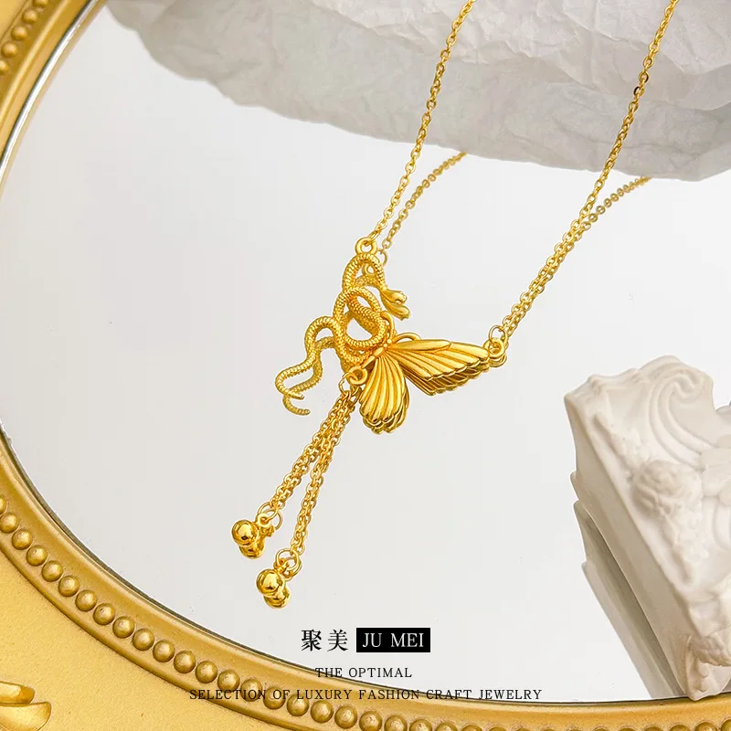 

9999 ancient gold 24K real gold spirit snake and butterfly tassel necklace new Chinese style design sense collarbone chain