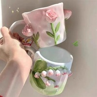 Creative Pink Cub Relief Tulip Flower Ceramic Coffee Cup Girl Gift Flower Mug Office Teacup Breakfast Milk Mug Home Decoration