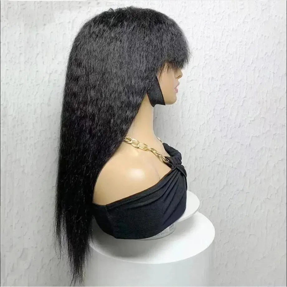 Perruque longue crépue droite avec frange pour femmes noires, fibre haute température, cosplay, douce, sans colle, noire naturelle, machine, 03