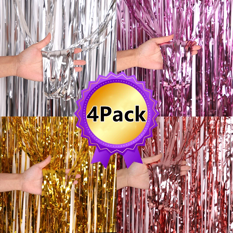 Metallic Foil Fringe Tinsel Curtain, Party Backdrop, Wedding Decoration, Baby Shower Favor,Birthday Party,4 Pcs per Pack