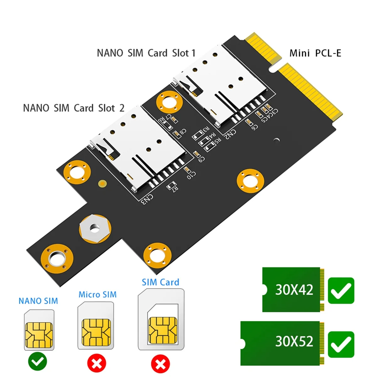 อะแดปเตอร์ M.2กุญแจ B ไปยัง PCI-E ขนาดเล็กพร้อมสองซิมช่องเสียบบัตรนาโนสำหรับโมดูล3G/4G/5g