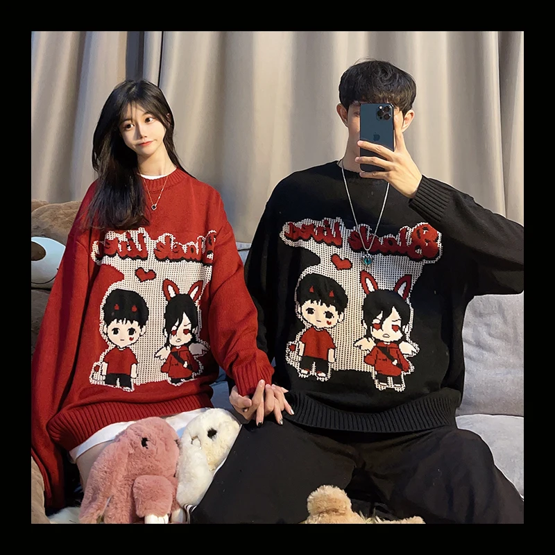 Angel Women Black Lived Couples Harajuku Knitting Knitwear Men Oversized Japanese Anime Cartoon Knitted Unisex Sweater Tops