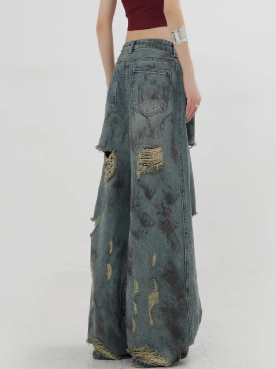 Vaqueros vaqueros Retro americanos con agujeros para hombre y mujer, Vaqueros holgados rectos de pierna ancha, informales, para jóvenes, verano 2024