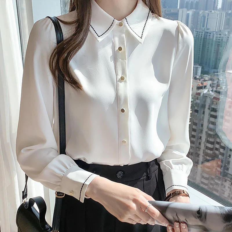 Women Spring Autumn Style Blouses Shirts Lady Casual Long Sleeve Turn-down Collar Solid Color Blusas Tops DF4959