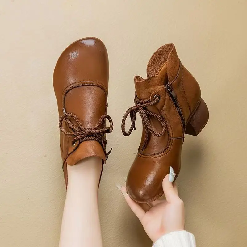 Women's Autumn Winter New Leather Lace Up Ankle Boots Soft Sole Non Slip Round Toe Block Heel Plush Keep Warm Cotton Boots - view 5