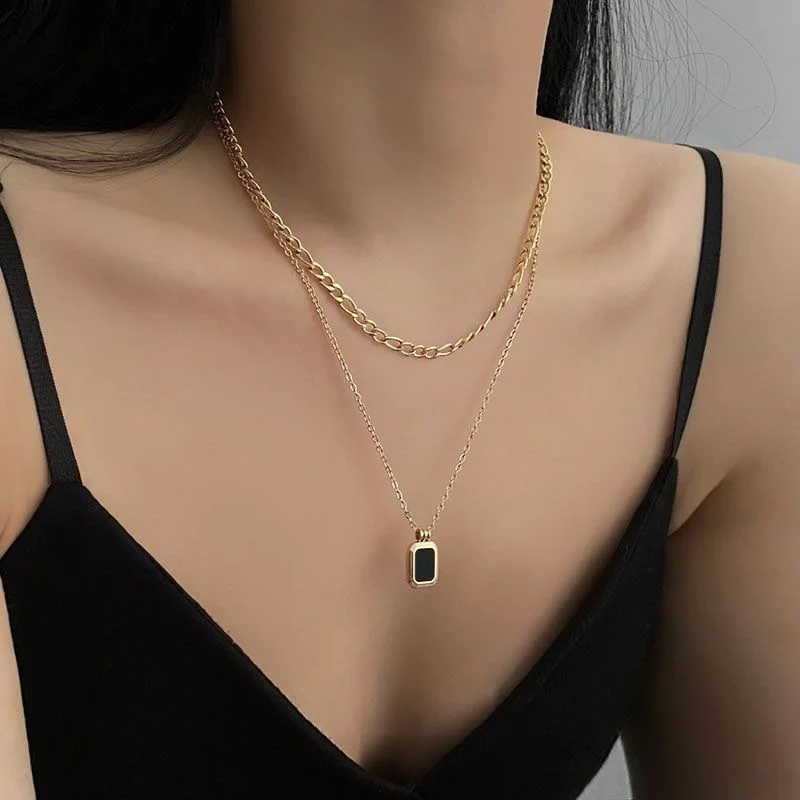 Double Layer Chain Square Black Zircon Pendant Necklaces for Women Simplicity Snake Bone Chain Fine Necklace Jewelry Gifts