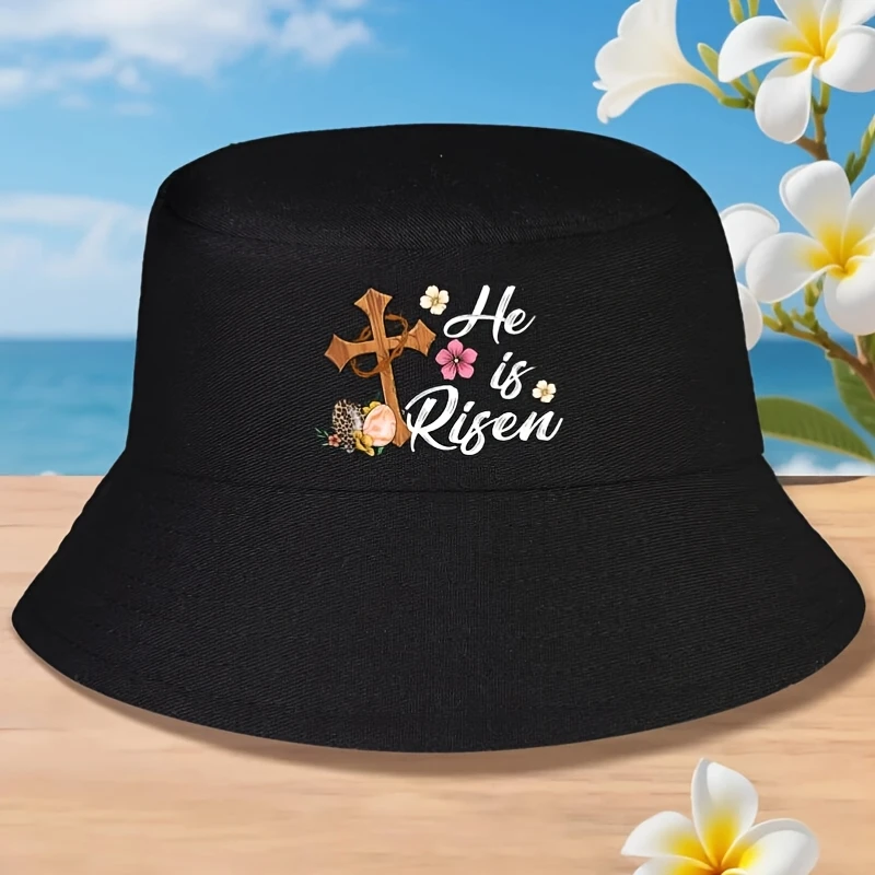 Kapelusz typu bucket hat unisex z motywem kwiatowym, krzyżem i napisem He Is Risen, w stylu vintage, idealny na Wielkanoc, dla mężczyzn, do wędrówek, wędkowania