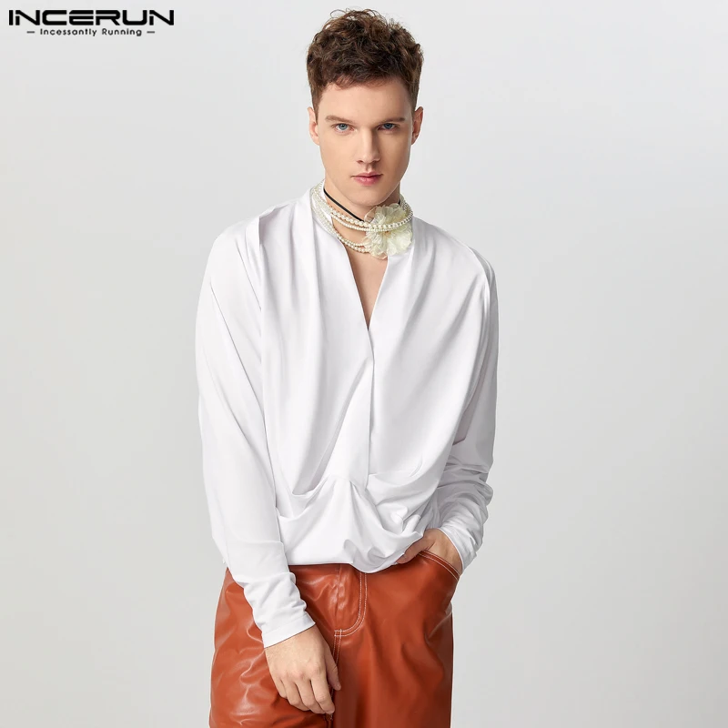 

Elegant INCERUN Men Casual Long Sleeve Shirts Solid Color Deep V-Neck Chemise 2024 Kink Design Simple Loose Handsome Tops Tunics
