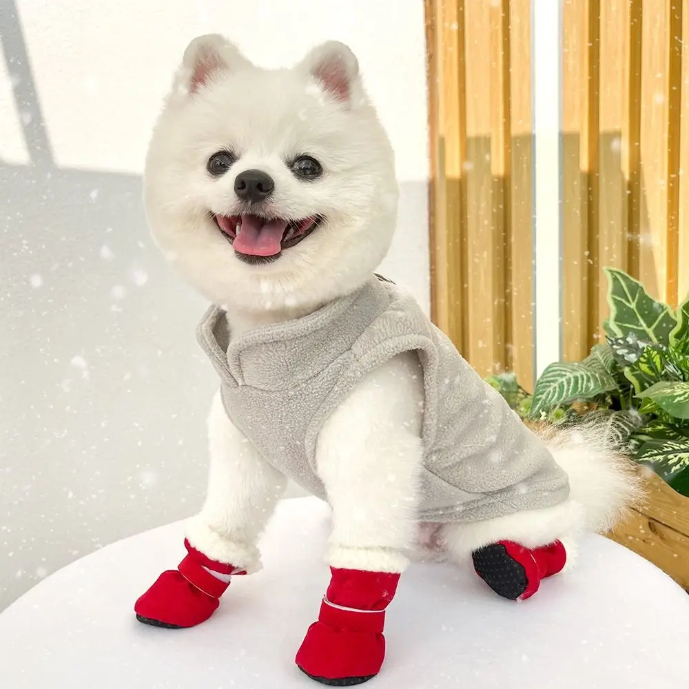 4 pçs/set filhote de cachorro sapato capa engrossado botas de neve do cão antiderrapante macio de pelúcia botas do cão quente ajustável inverno cães sapatos para o inverno