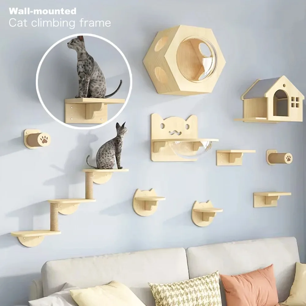 Arbre à Gratter Mural en Bois Massif pour Chat, Maison de Chaton, Sisal Naturel, Jeu pour Animaux de Compagnie, Fournitures