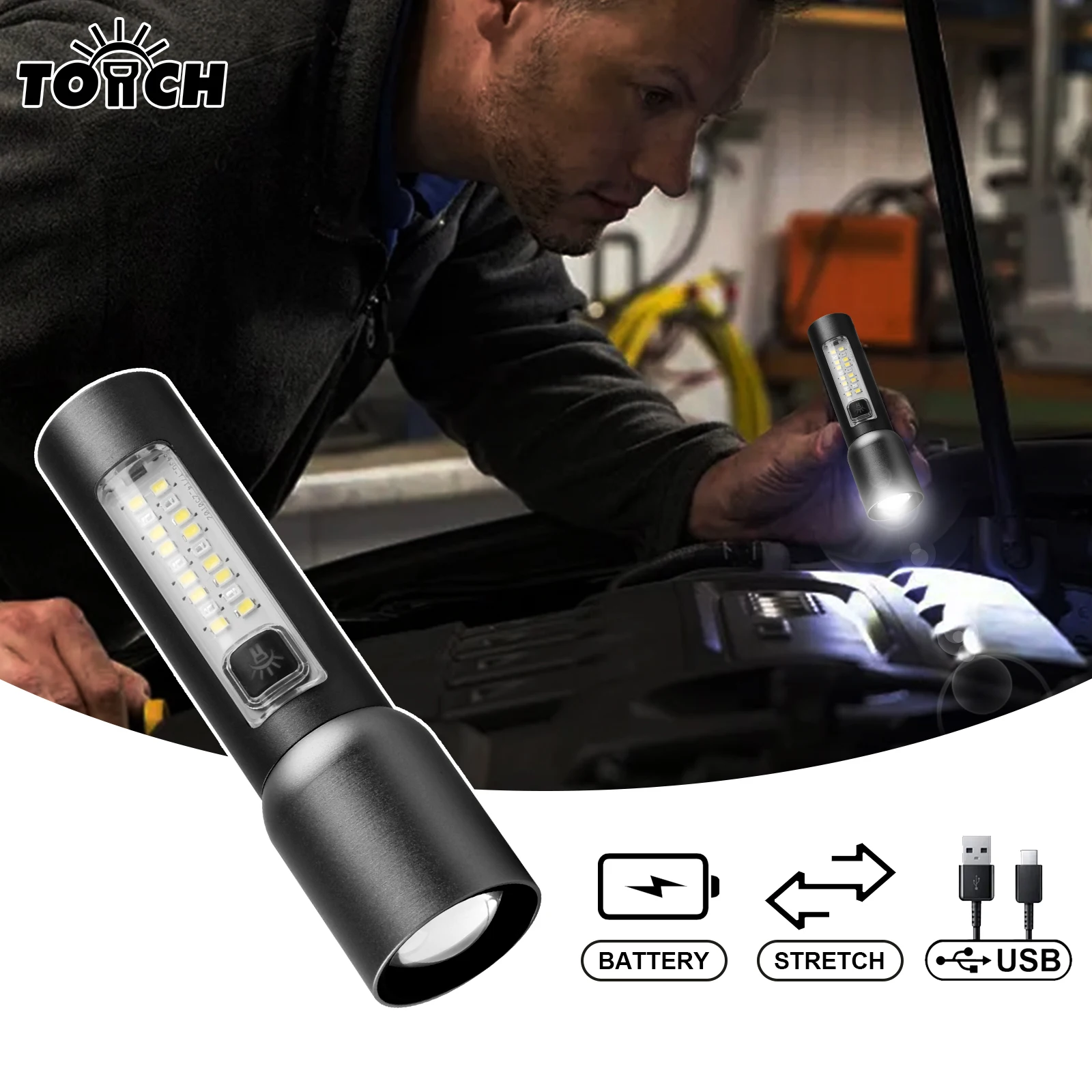 

High Quality Outdoor Rechargeable SMD Side Light Emergency Long-Range Aluminum Alloy Type-C Retractable Flashlight