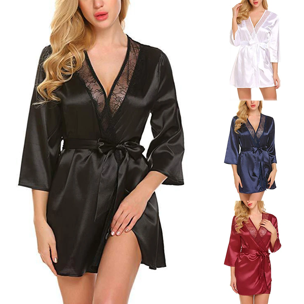 

Women's Sexy Lingerie Satin Robes Summer Sleep Shirts Wrap Dressing Gown Bathrobe Nightgown Pajamas Underwear Night Dress