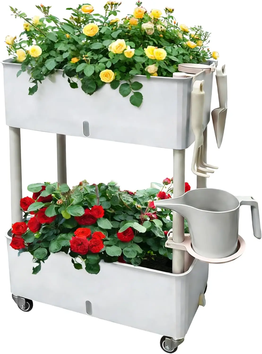 Self-Watering Raised Planter Box with Lockable Wheels,2-Tier Elevated Garden Bed with Visible Water Level Window,Indoor