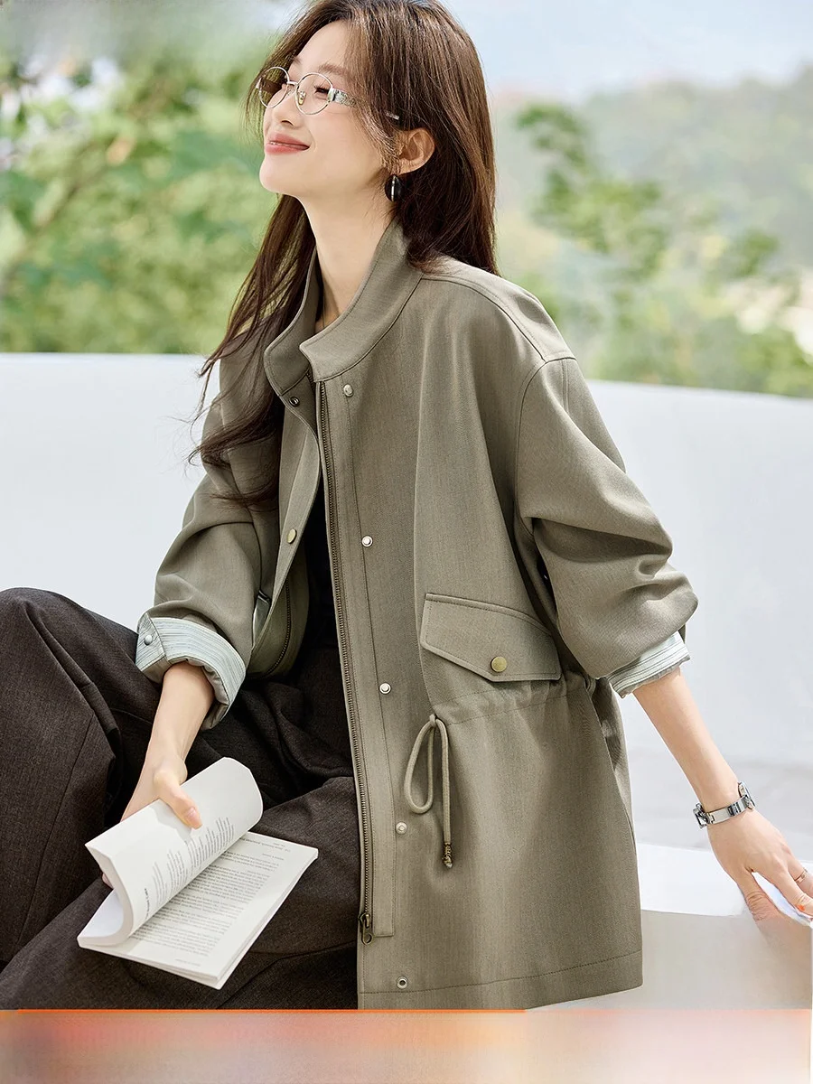 

Slimming Effect Dstring Spring New Arrival Striped Lightweight Commute Stand Collar Loose Women's Windbreaker Coat