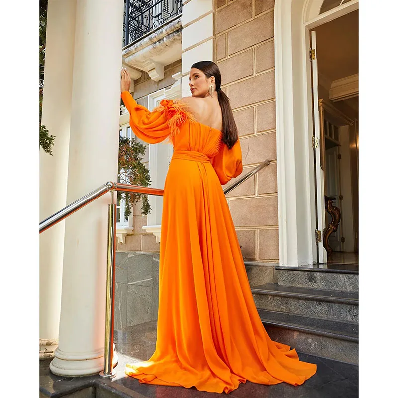 Elegant A-Line Evening Dresses Bateau Hand Made Flowers Off Shoulder Gowns Sweep Train Vestidos De Noche Formal Occasion