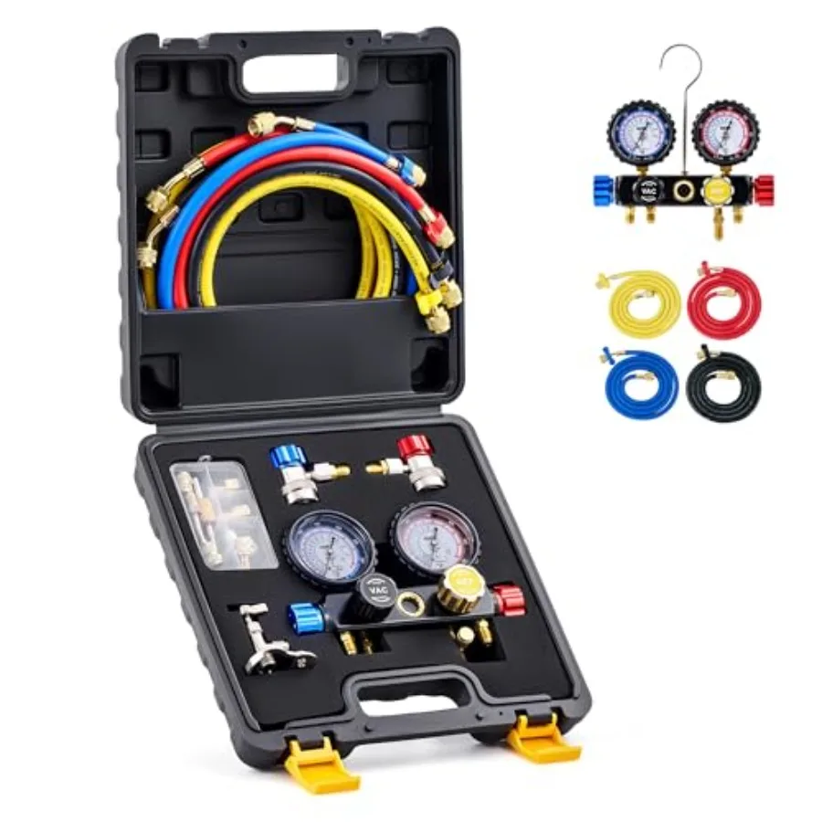 

4 Way AC Gauge Set for R410a R22 R134a Refrigerant with 5ft Hoses and 4 Valves Includes R410a Adapters for Automotive HVAC Syst