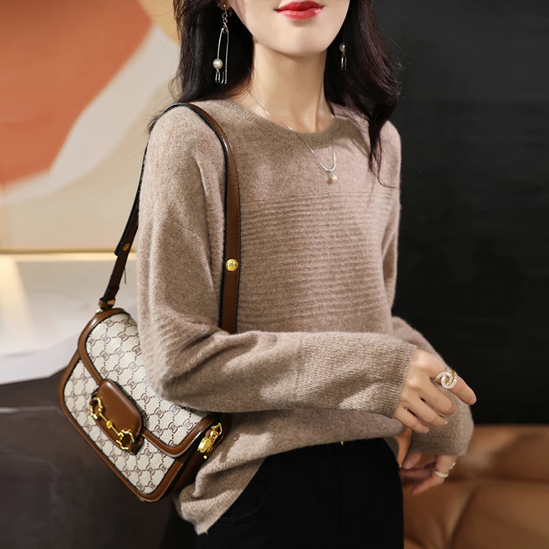 100% Wool Knitted Sweater Women Korean Round collar Sweater Winter Pullover Large size Interior Lapping Warm Hollow out Tops