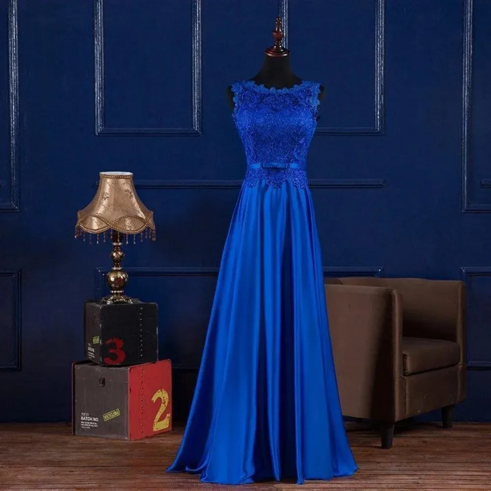 

Royal Blue 2024 New A-Line Bridesmaid Dress Lace Up Scoop Neck Lace Satin Evening Dress Custom Vestidos De Novia فساتين سهرة