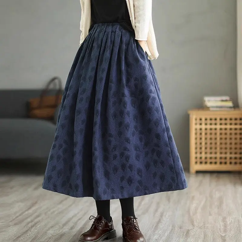 

Retro Jacquard Cotton Linen Skirt Large Size Women's Wear 2024 Autumn Winter Casual Elastic Waist A-Line Skirt Mujer Faldas A179