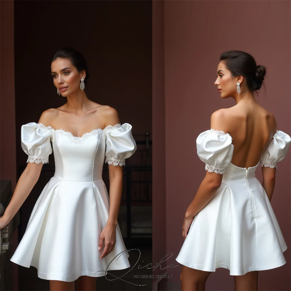 QICHE Simple Lace Mini A-Line Wedding Dresses Off The Shoulder Strapless Open Back Satin Party Dress Vestido De Novia Customized