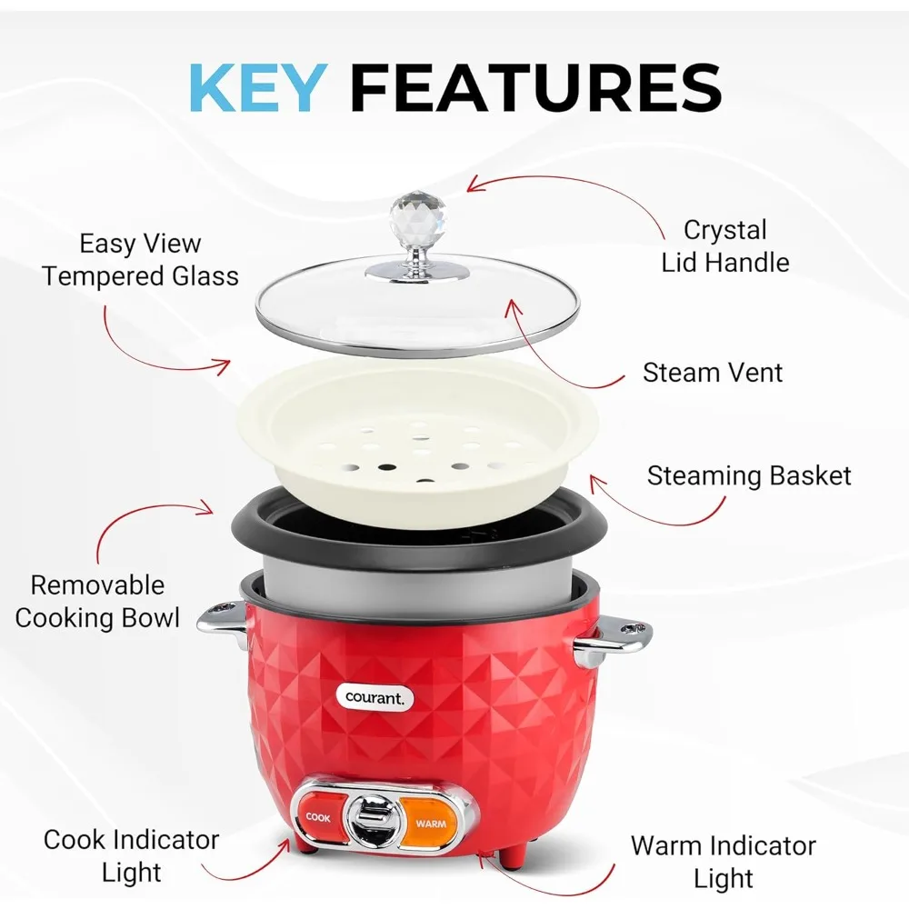Rice Cooker 10-Cup (Cooked) Steaming Basket One-Touch Operation, Automatic Keep Warm Function, Red