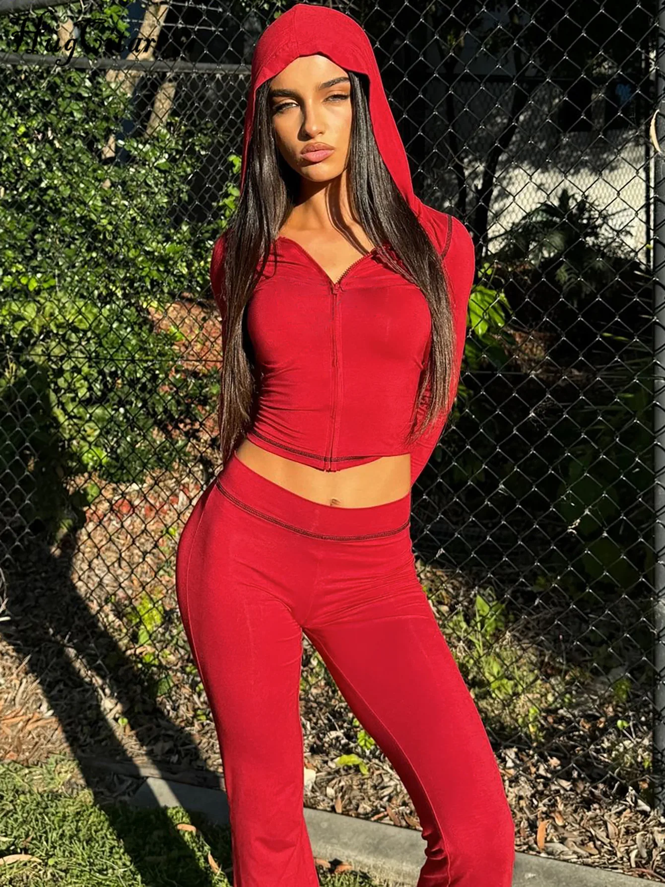 Hugcitar Fashion 2 Pcs Sets Print Long Sleeve Hoodied Zipper Sexy Crop Coat Wide Leg Pants Fall Women Outfit Festival Nightclub