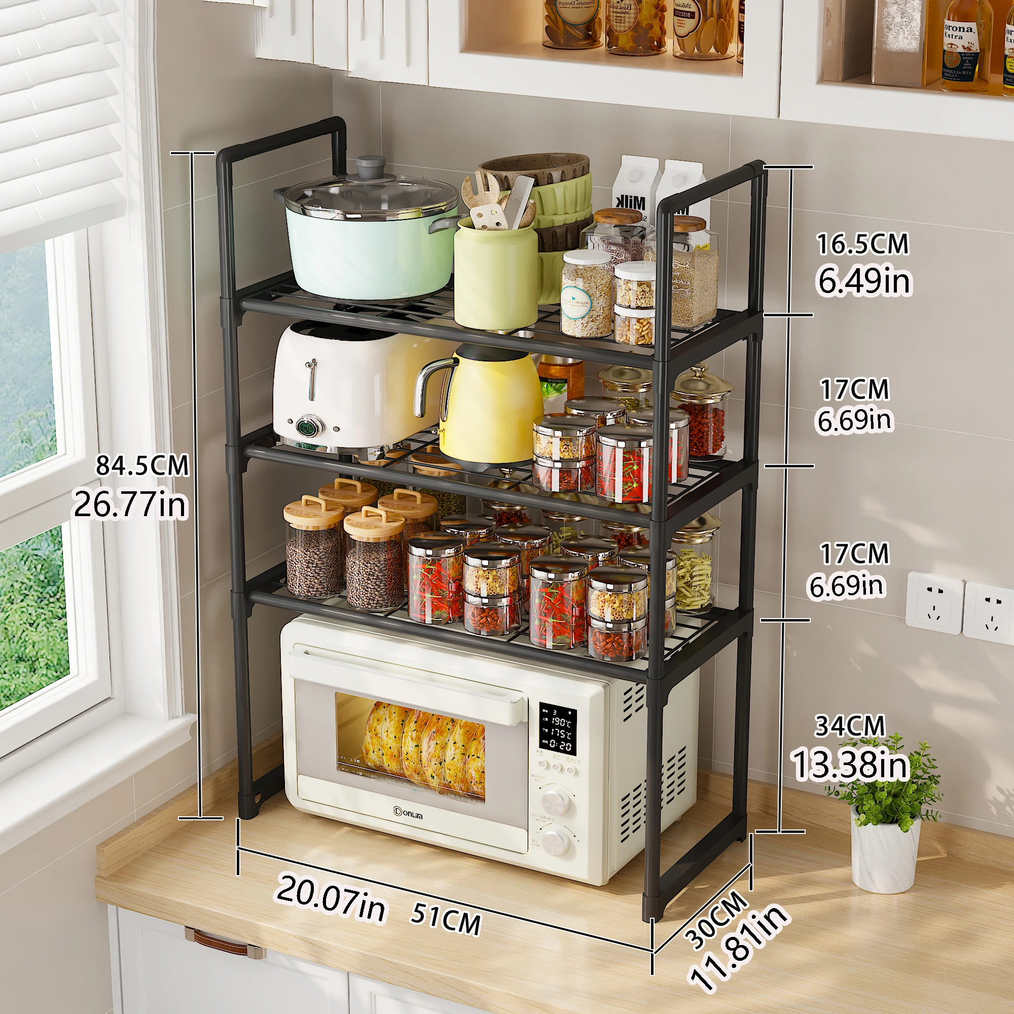 Multi-Layer Microwave Oven Storage Rack for Kitchen Countertops, Taking Advantage of the Vertical Space on the Countertop, Eliminating Clutter and Congestion on the Countertop Available in Multiple Sizes, Items Are Organized in Distinct Areas for Easy Access; Available in Two Simple Color Schemes (Black and White), Suitable for Various Kitchen Decor Styles, Quick Assembly Without Complex Tools, Easily Creating a Clean and Tidy Cooking Area. Black.
