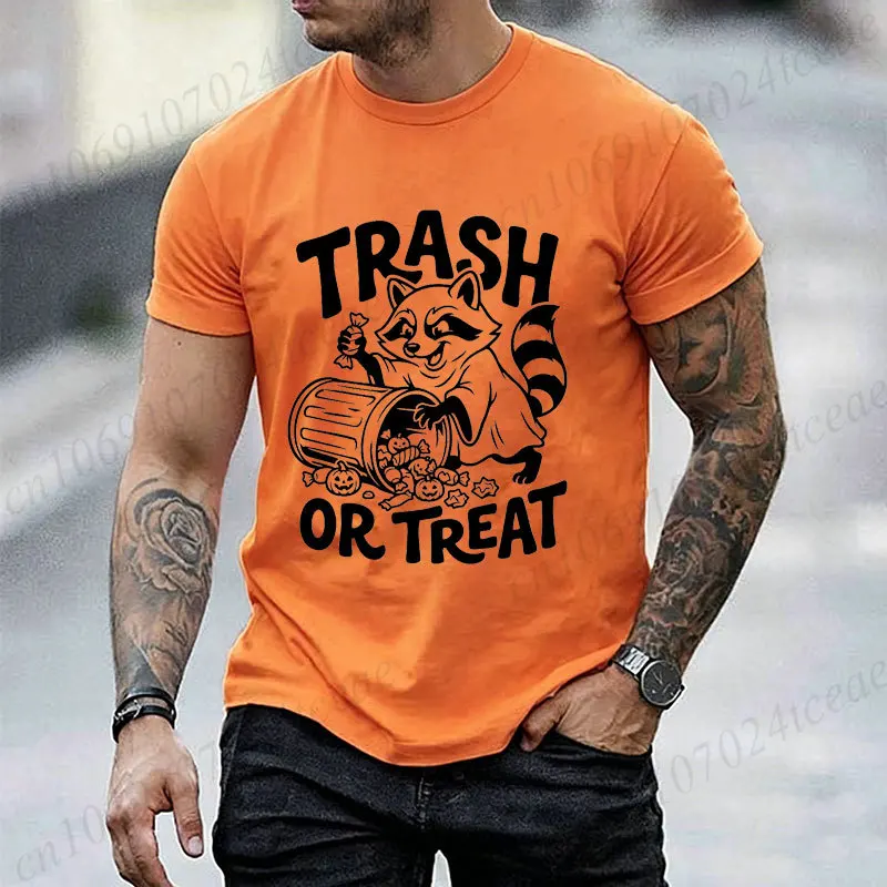 Men Trash or Treat T‑Shirt Funny Raccoon Halloween Candy Pumpkin Graphic Print Short SleeveTee Casual Holiday Party Men Tshirt