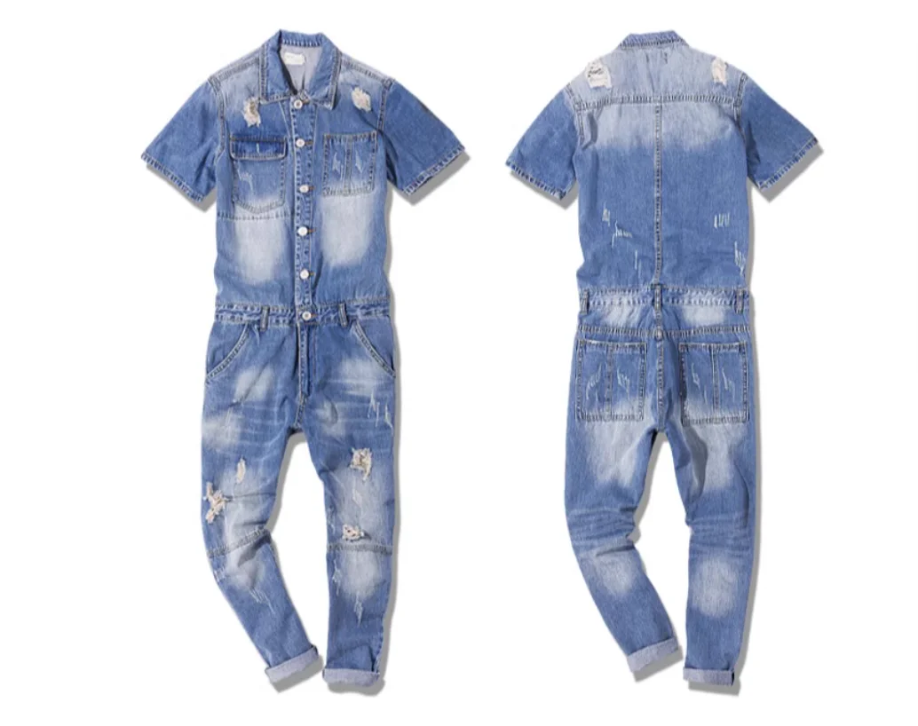 2025 New Men's Stage Singer Cowboy Short Sleeve Set Men's Hairstylist Fashion and Casual Piercing Nine Point denim jumpsuit