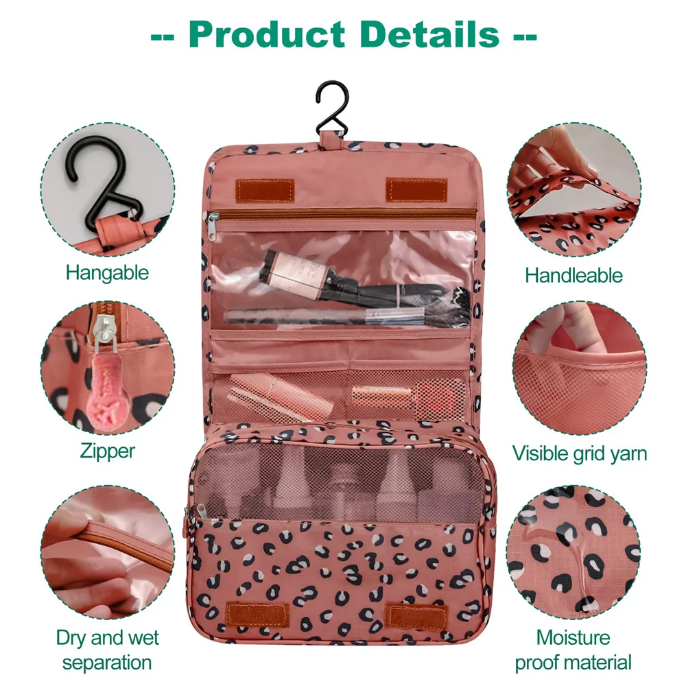 1PC Pink Leopard Toiletry Bag for Traveling Women,Makeup Bag with Zipper, Hanging Travel Toiletry Bag Cosmetic Bags