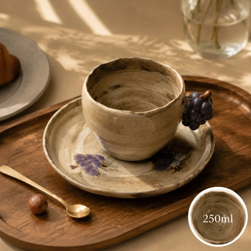 Vintage Rustic Pottery Grape Coffee Cup Saucer Set 250ml Handmade Ceramic Tea Cup Dish Ins Style Nordic Decor