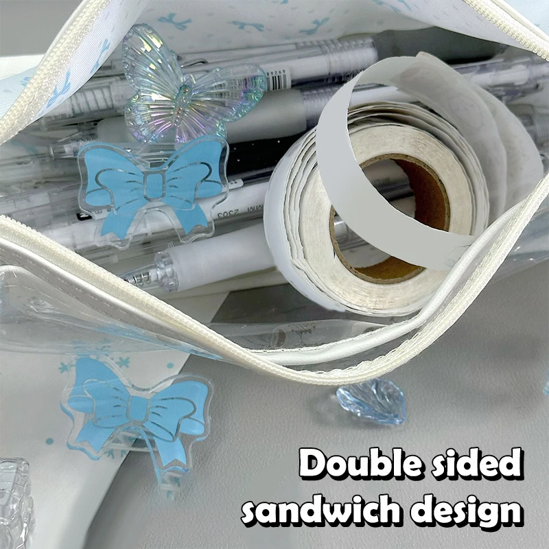 حقيبة أقلام رصاص مطبوعة على شكل فيونكة حلوة مقاومة للماء وشفافة بطبقة مزدوجة ذات سعة كبيرة حقيبة أدوات مكتبية مستلزمات مدرسية هدايا للطلاب