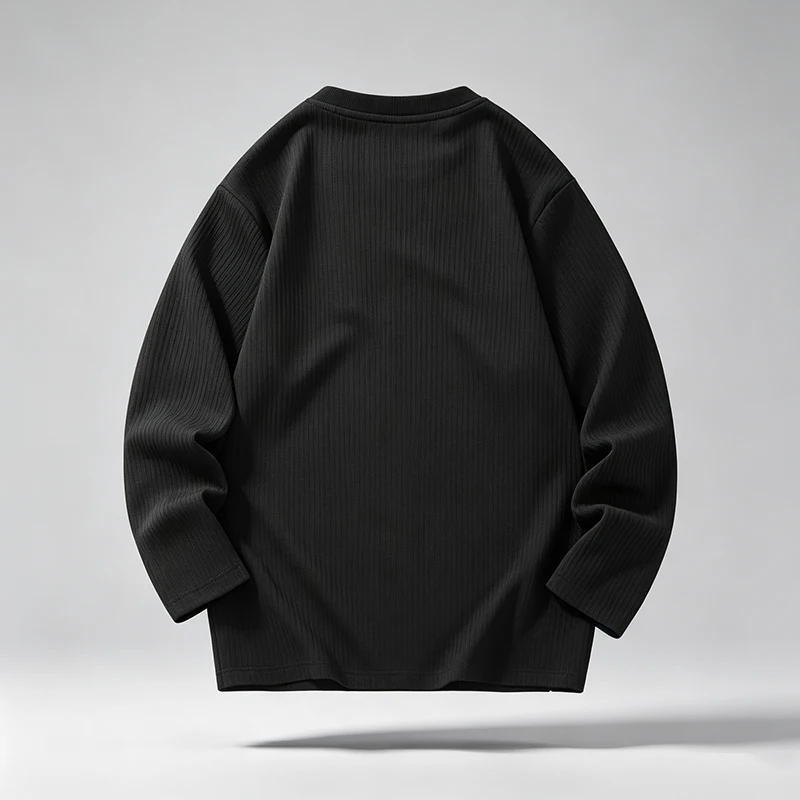 Herren-T-Shirt mit V-Ausschnitt, langen Ärmeln, vertikalen Streifen, geripptem Stoff, lockerer Passform, bequem, lässig, Basic-Oberteil für Herren. – Detail 9