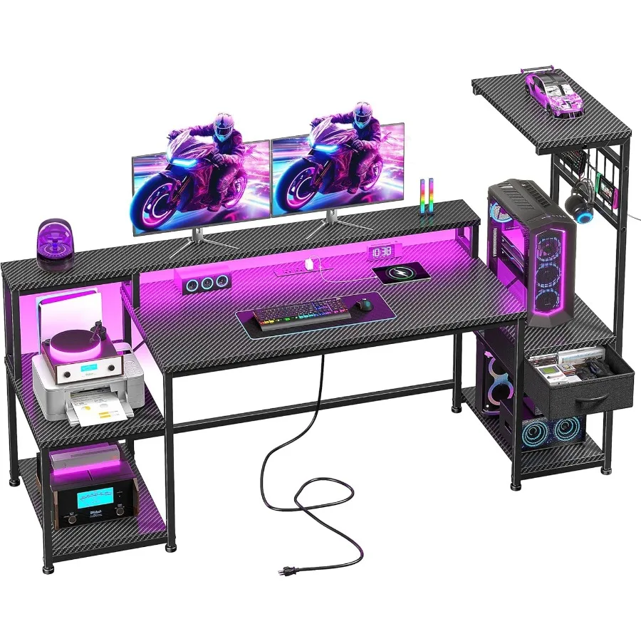 63 مكتب ألعاب مزود بمصابيح LED مدمجة ومنافذ كهربائية مدمجة ومكتب كمبيوتر يتميز بحامل شاشة تخزين للأدراج #1