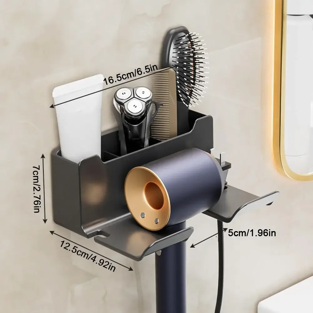 ที่แขวนเครื่องเป่าผมชั้นวางของในห้องน้ำแบบไม่เจาะพลาสติกขาตั้งเครื่องเป่าผมพร้อมกล่องเก็บของที่ยึดแบบเป่าห้องน้ำ