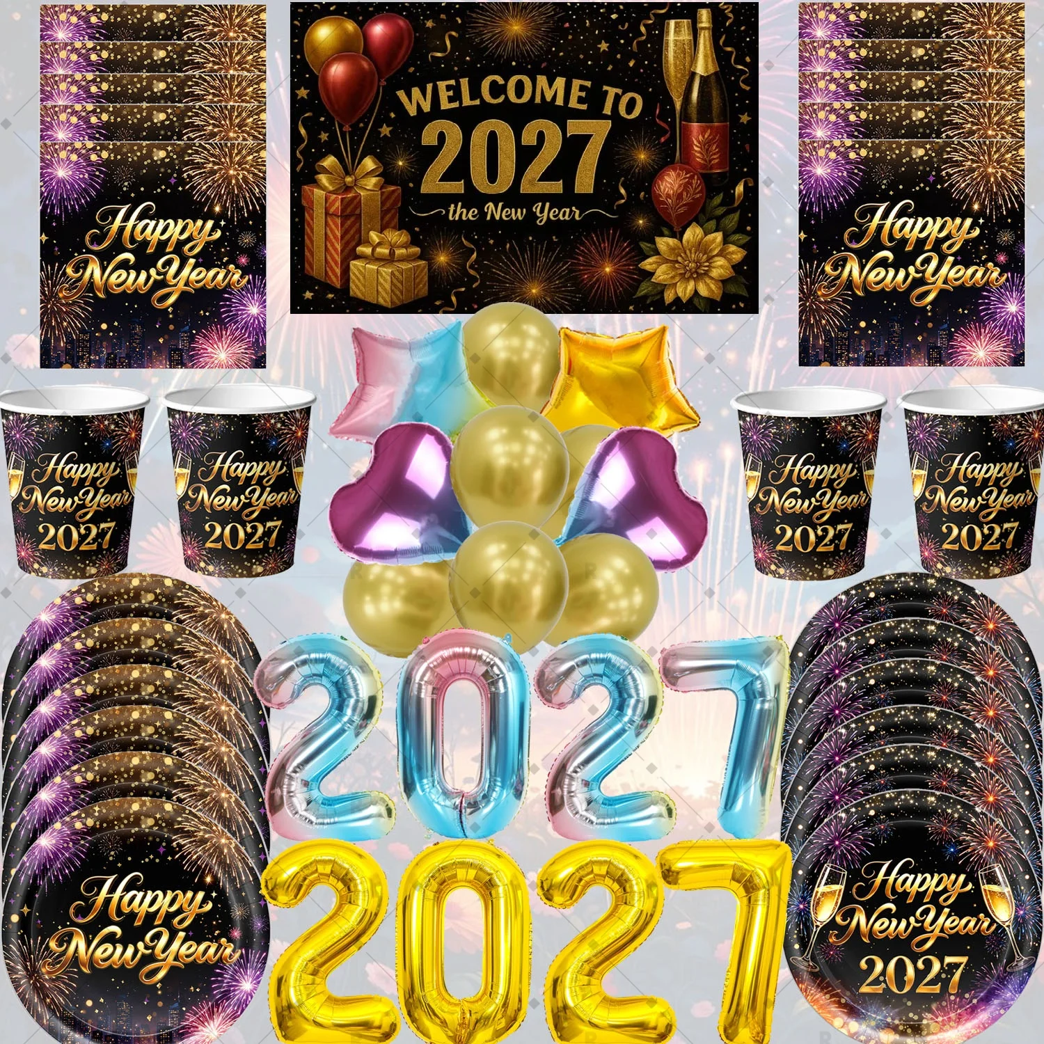 Party Banner Gold - อุปกรณ์ตกแต่งงานปาร์ตี้ปีใหม่ 2027 ชุดลูกโป่งสีสันสดใส แก้ว จาน ชุดภาชนะบนโต๊ะอาหารสีดำทอง