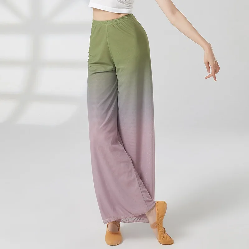 Pantalones de baile de tela de red que cambian de color para mujer, diseñados clásicamente para entrenamiento y rendimiento, estilo fluido de pierna ancha