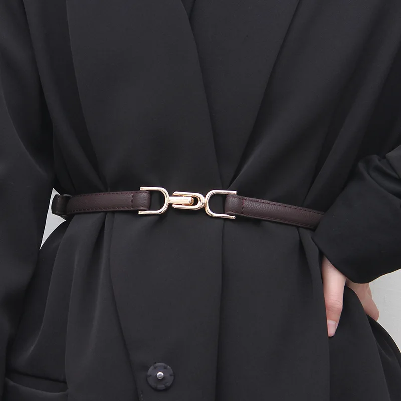 Fashionable,Adjustable Minimalist Women’s Slim Leather Belt with Double Buckles  Korean-Style Waist-Defining Decorative Belt