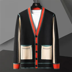 High Quality Contrasting Colors Line Decoration Knitting Cardigan Man Long Sleeve Slim Fit Sweater Cardigan Male Garment Coat