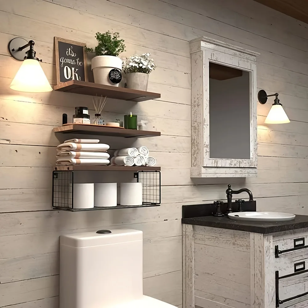 

Wall Mounted Floating Shelves 3 Set Wood Bathroom Shelves Farmhouse Floating Shelf Bathroom Accessories for Bedroom