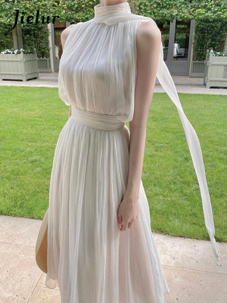 

Jielur Summer White France Vintage Dress Women Chiffon Elegant Evening Party Long Dress Lady Casual Korean Style One-piece Dress