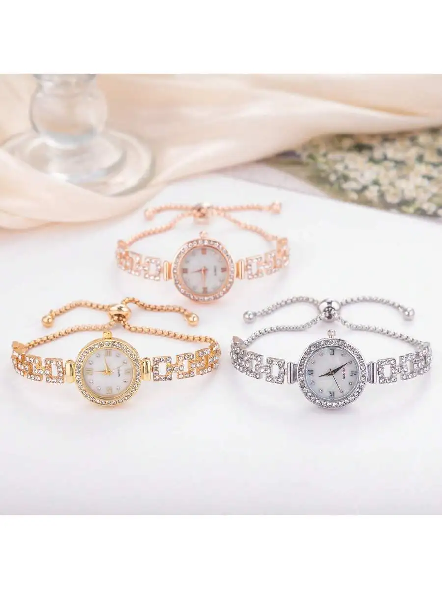 

Fashion Women Bracelet Watch Round Dial With Crystal Rhinestones Alloy Quartz Watch Adjustable Bangle Watch