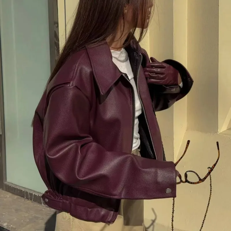 Suninheart Sonbahar Kış kadın Moto Biker Fermuar Uzun Kollu Ceket Suni Deri Ceket Outerwears Rahat Yeni Mont